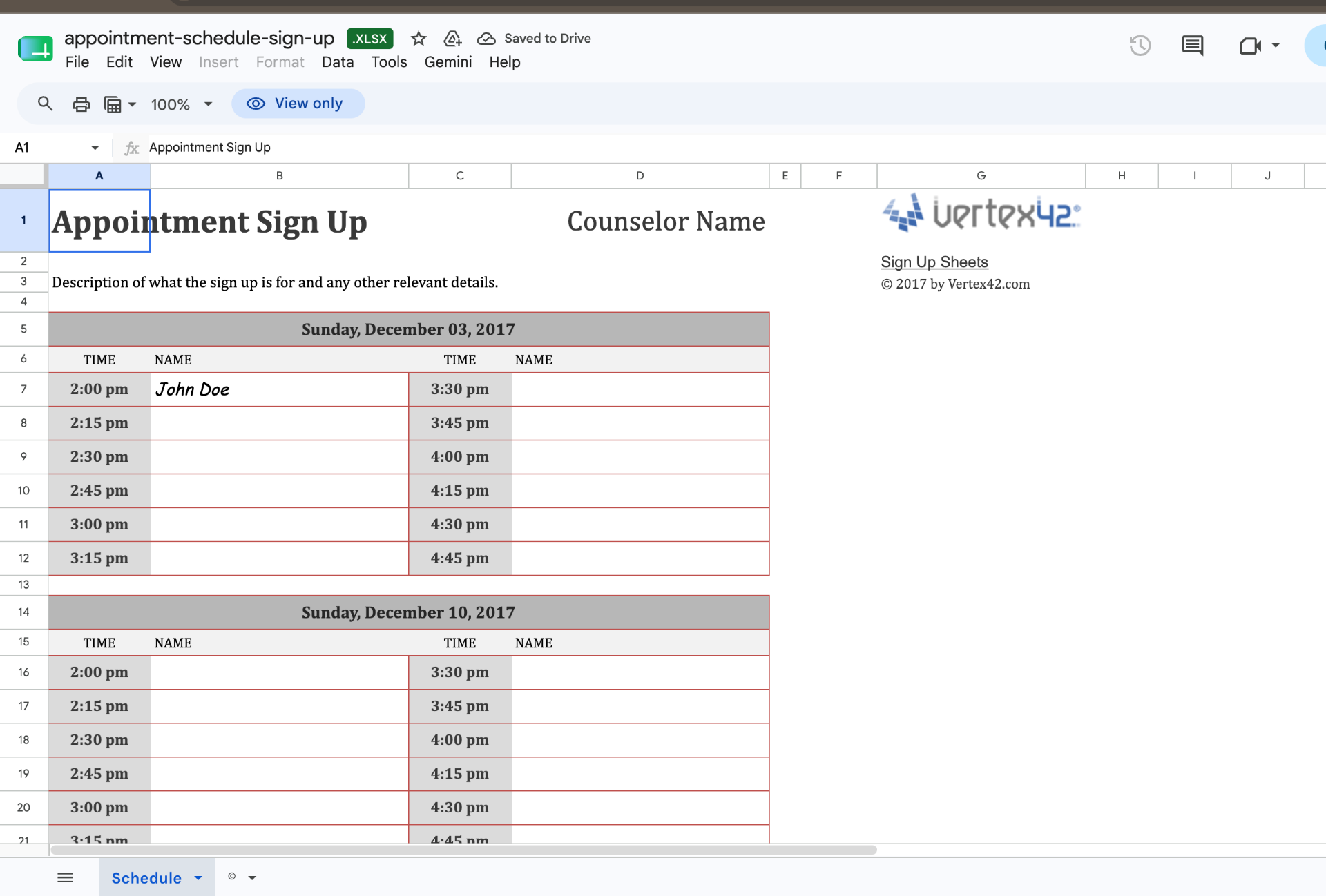 Appointment schedule sign-up template sample