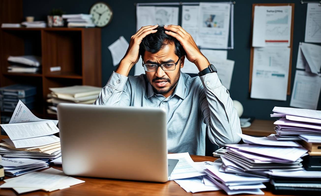 Frustrated professional overwhelmed by spreadsheets